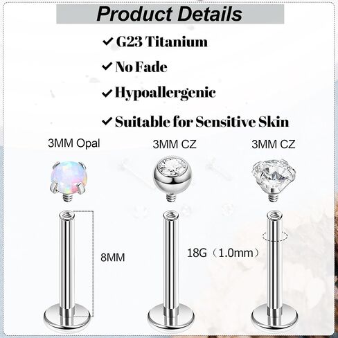 LOAYHOAY 3Pcs 16G 18G G23 Pure Titanium Internally Threaded Labret Monroe Studs for Women Men Lip Rings Opal CZ Cartilage Helix Earrings Stud Tragus Medusa Piercing Jewelry 6mm 8mm 10mm in Kuwait