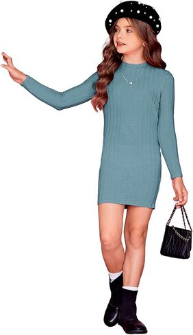 Floerns Girls Long Sleeve Mock Neck Rib Knit Fitted Pencil Dress in Saudi Arabia