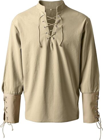 Heyigrow Mens Shirts Patchwork Pirate Costume, Long Sleeve Tops Viking Cosplay Renaissance Medieval T-Shirts Gothic Cotton in Saudi Arabia