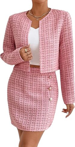 Floerns Women's 2 Piece Outfits Plaid Tweed Blazer Long Sleeve Jacket and Skirt Set in Saudi Arabia