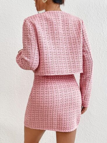 Floerns Women's 2 Piece Outfits Plaid Tweed Blazer Long Sleeve Jacket and Skirt Set in Saudi Arabia