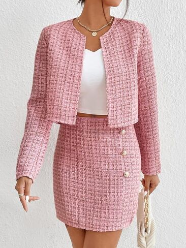Floerns Women's 2 Piece Outfits Plaid Tweed Blazer Long Sleeve Jacket and Skirt Set in Saudi Arabia