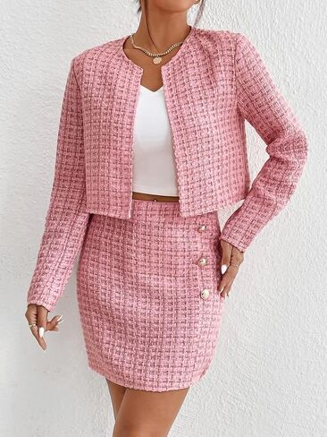 Floerns Women's 2 Piece Outfits Plaid Tweed Blazer Long Sleeve Jacket and Skirt Set in Saudi Arabia