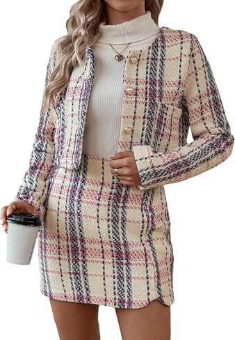 Floerns Women's 2 Piece Outfits Plaid Tweed Blazer Long Sleeve Jacket and Skirt Set in Saudi Arabia