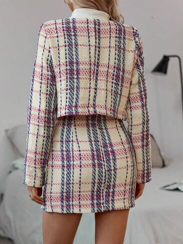 Floerns Women's 2 Piece Outfits Plaid Tweed Blazer Long Sleeve Jacket and Skirt Set in Saudi Arabia