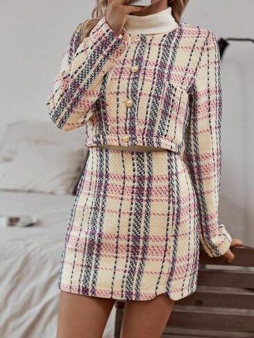 Floerns Women's 2 Piece Outfits Plaid Tweed Blazer Long Sleeve Jacket and Skirt Set in Saudi Arabia