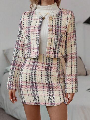 Floerns Women's 2 Piece Outfits Plaid Tweed Blazer Long Sleeve Jacket and Skirt Set in Saudi Arabia