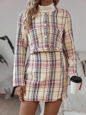 Floerns Women's 2 Piece Outfits Plaid Tweed Blazer Long Sleeve Jacket and Skirt Set in Saudi Arabia
