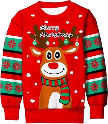 سترة Idgreatim للأولاد والبنات Ugly Christmas Sweater مضحكة ثلاثية الأبعاد بأكمام طويلة لعيد الميلاد مع الصوف مقاس 4-16 in Kuwait
