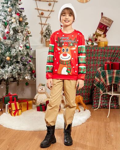 سترة Idgreatim للأولاد والبنات Ugly Christmas Sweater مضحكة ثلاثية الأبعاد بأكمام طويلة لعيد الميلاد مع الصوف مقاس 4-16 in Kuwait