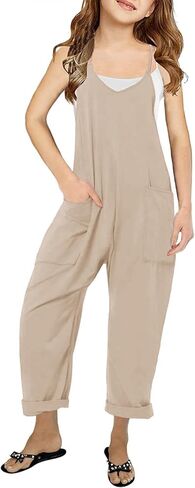 LNKQA Girl's Casual Sleeveless Jumpsuits Spaghetti Straps Harem Long Overalls With Pockets in Saudi Arabia
