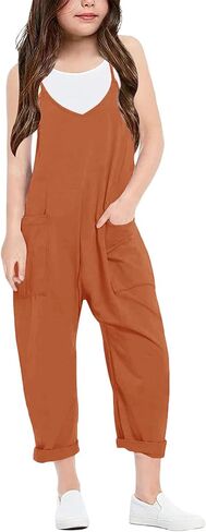 LNKQA Girl's Casual Sleeveless Jumpsuits Spaghetti Straps Harem Long Overalls With Pockets in Saudi Arabia