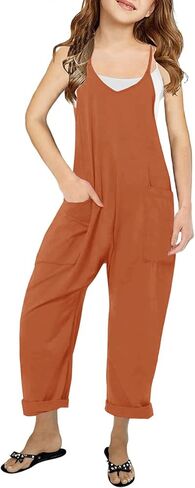 LNKQA Girl's Casual Sleeveless Jumpsuits Spaghetti Straps Harem Long Overalls With Pockets in Saudi Arabia