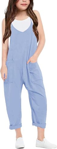 LNKQA Girl's Casual Sleeveless Jumpsuits Spaghetti Straps Harem Long Overalls With Pockets in Saudi Arabia