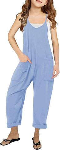 LNKQA Girl's Casual Sleeveless Jumpsuits Spaghetti Straps Harem Long Overalls With Pockets in Saudi Arabia