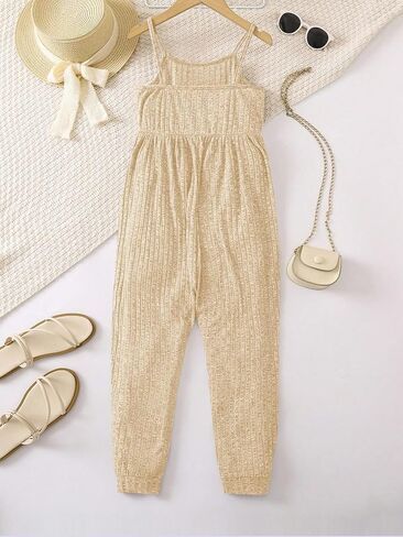 WDIRARA Girl's Ribbed Spaghetti Strap Cami Jumpsuit Playsuit Summer Long Romper in Saudi Arabia