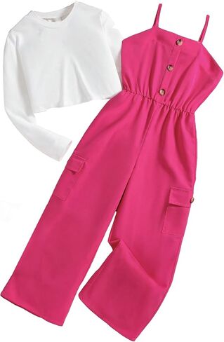 بدلة قفز Cozyease للفتيات مكونة من قطعتين بياقة دائرية وأكمام طويلة وجيب قلاب وأزرار أمامية مكشكشة in Kuwait