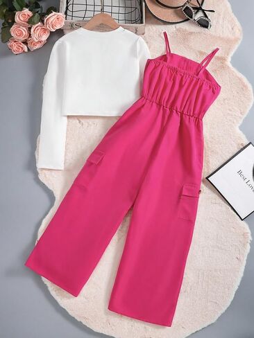 بدلة قفز Cozyease للفتيات مكونة من قطعتين بياقة دائرية وأكمام طويلة وجيب قلاب وأزرار أمامية مكشكشة in Kuwait