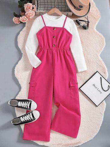 بدلة قفز Cozyease للفتيات مكونة من قطعتين بياقة دائرية وأكمام طويلة وجيب قلاب وأزرار أمامية مكشكشة in Kuwait