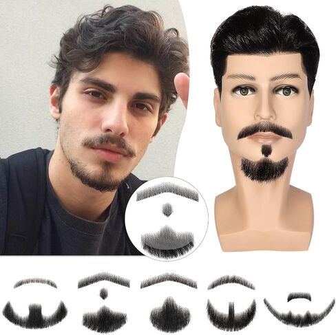 شعر بشري 100% من Fanguilar، شعر بشري كامل مربوط يدويًا، شارب مزيف، لحية صغيرة، شعر بشري مزيف، مكياج واقعي للدراما/الحفلة/الترفيه/الأفلام لحفلات الهالوين التنكرية المضحكة in Saudi Arabia