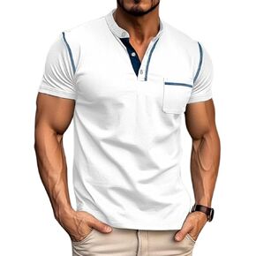 تي شيرت رجالي من Aulemen Henley بأكمام قصيرة كاجوال وخفيف الوزن ومقاس نحيف وأزرار أساسية مع جيب