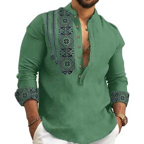 2024 Linen Shirts for Men Henley Long Sleeve Casual Banded Collar Button Vintage Beach Hawaiian T Shirt in Kuwait