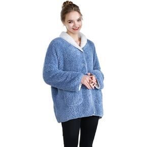 Women's Plus Denim Blue/Ivory Sherpa Plush Reversible Button Front Bed Jacket