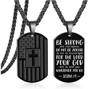 Zocomi Dog Tag Cross Necklace for Men Boys, 24 Inches American Flag Stainless Steel Bible Verse Pendant Chain Religious Patriotic Jewelry Gifts