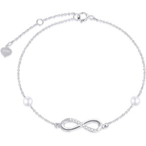 SISGEM 14k Gold Natural Diamond Infinity Anklets for Women, Real Gold Pearl Jewelry Ankle Bracelet Gifts for Her, 9.4-11 Inch