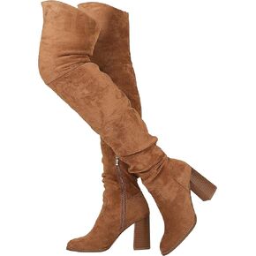 Mattiventon Over The Knee Boots Thigh High Block Heels for Women Stretch Suede Chunky boots with zipper