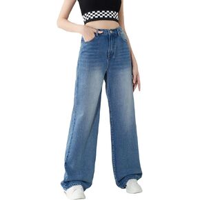 OYOANGLE Girl's Elastic Waist Wide Leg Jean Denim Pants Streetwear Long Pants with Pocket in Kuwait