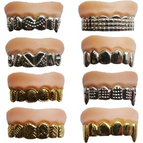 اكس هوت بوب كورن 12 قطعة من الاسنان المزيفة المضحكة باللون الذهبي والفضي بتصميم قبيح، اسنان بلاستيكية مضطربة لتزيين الهالوين والكريسماس in Kuwait