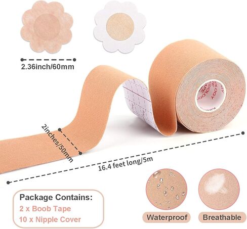 شريط HHOOMY Boob، شريطان للصدر مع 10 قطع من الغطاء الواقي للحلمة، حزام رياضي بشريط رفع الثدي قابل للتنفس لكأس A-E للثدي الكبير عارية in Kuwait