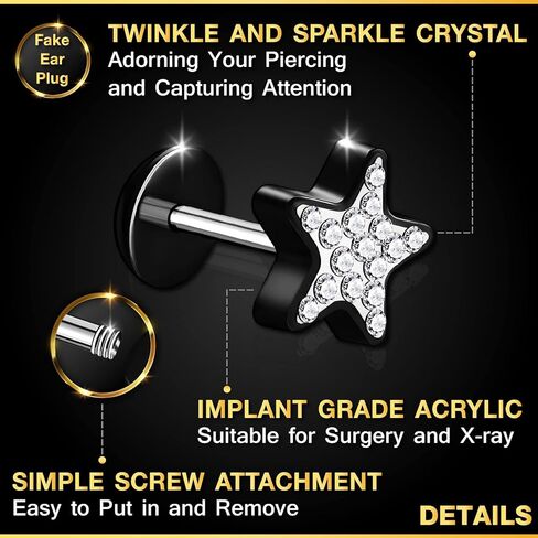 KJM Fashion 2 قطعة أكريليك أسود 16 جرام 1.2 مللي متر 5/16 8 مللي متر الغشاش التوصيل القرط الوهم مقياس الأذن الفص ثقب المجوهرات اختيار الألوان in Kuwait