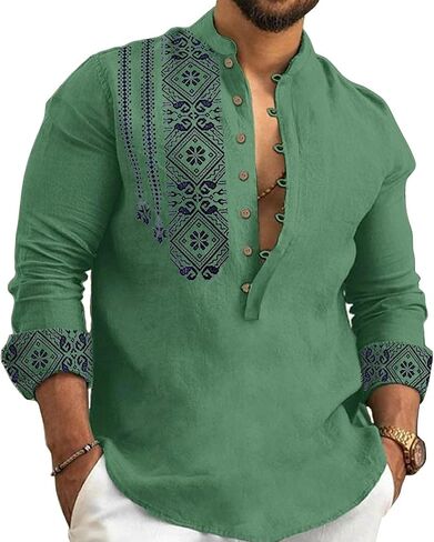 2024 Linen Shirts for Men Henley Long Sleeve Casual Banded Collar Button Vintage Beach Hawaiian T Shirt in Kuwait