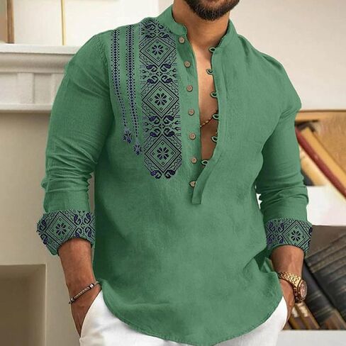 2024 Linen Shirts for Men Henley Long Sleeve Casual Banded Collar Button Vintage Beach Hawaiian T Shirt in Kuwait