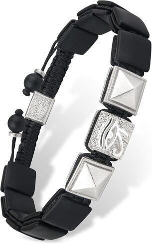 سوار AWNL رجالي من العقيق الأسود المنسوج برباط مسطح مع حلية مركزية من الفضة الإسترلينية عين حورس (حجر 10 مم)، 5.9 بوصة - 7.5 بوصة in Kuwait