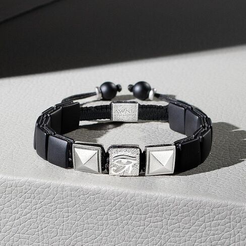 سوار AWNL رجالي من العقيق الأسود المنسوج برباط مسطح مع حلية مركزية من الفضة الإسترلينية عين حورس (حجر 10 مم)، 5.9 بوصة - 7.5 بوصة in Kuwait