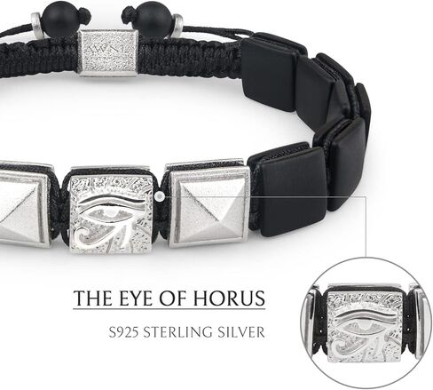 سوار AWNL رجالي من العقيق الأسود المنسوج برباط مسطح مع حلية مركزية من الفضة الإسترلينية عين حورس (حجر 10 مم)، 5.9 بوصة - 7.5 بوصة in Kuwait