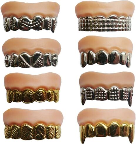 اكس هوت بوب كورن 12 قطعة من الاسنان المزيفة المضحكة باللون الذهبي والفضي بتصميم قبيح، اسنان بلاستيكية مضطربة لتزيين الهالوين والكريسماس in Kuwait