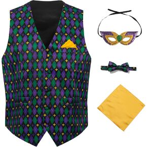 Mardi Gras Vest Kit for Men,Adult Mardi Gras Outfit with Bow Tie and Pocket Square,Mardi Gras Costume Set