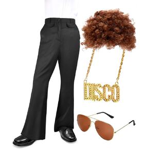 Geyoga Men's 70s Disco Costume Bell Bottom Pants Mens Bootcut Trousers with Wig Sunglasses Disco Necklace for Theme Party in Saudi Arabia