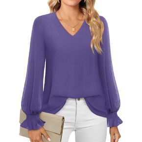 Furnex Women's Lantern Long Sleeve V Neck Blouses Double Layers Chiffon Tunic Tops