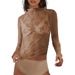 SENSERISE Womens Lace Layering Top Long Sleeve Tops Sheer Mesh Mock Neck Floral Embroidery See Through Shirts