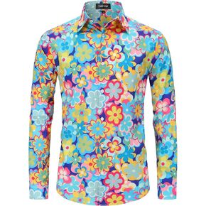 Virpviw Mens 70s Disco Shirts Long Sleeve Printed Casual Button Down Paisley Shirts in Saudi Arabia