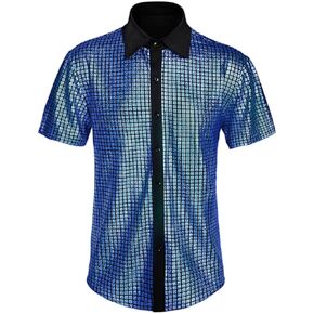 Men's Sequin Disco Short Sleeved Shirts Button Down Shirt 70s Sisco Ball Halloween Costume