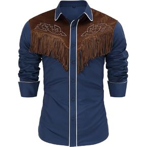 TURETRENDY Men's Western Fringe Cowboy Shirt Halloween Costume Long Sleeve Embroidered Slim Fit Casual Button Down Shirts