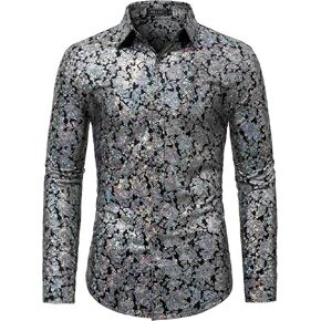 WULFUL Men's Luxury Disco Party Prom Paisley Gold Shiny Long Sleeve Dress Shirts Button Down Shirts