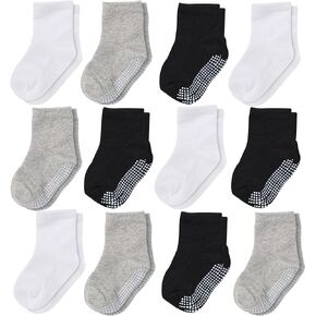 CozyWay Non-Slip Crew Grip Toddler Socks, 12 Pack for Boys & Girls, Black/White/Gray, 3-5 Years Old in Kuwait