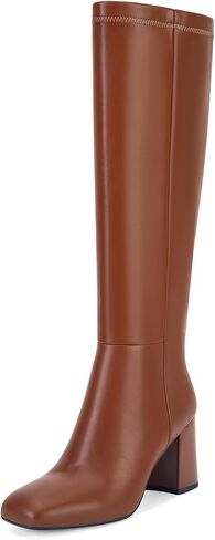 SOVANYOU Women's Faux Leather Tall Boots Fashion Square Toe Chunky Heel Knee High Boots with Side Zip in Saudi Arabia